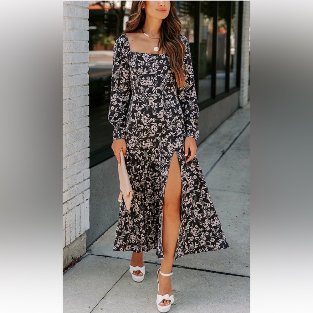 Midi Floral Long Sleeve Dress with Slit and Square Neckline • Small